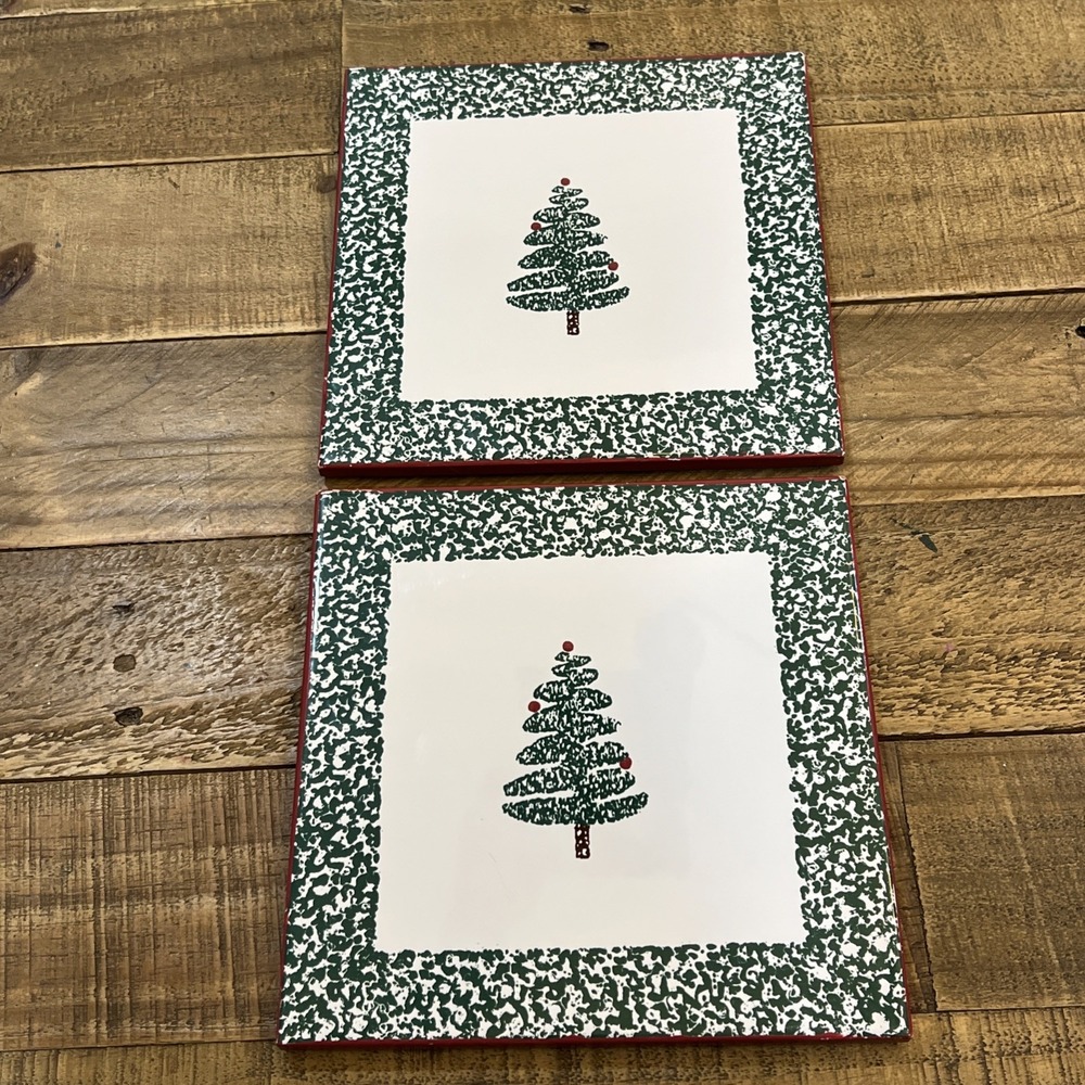 (2) VTG Semigres Christmas Tree TRIVET Green Sponge Edging Made In Italy 7 3/4"